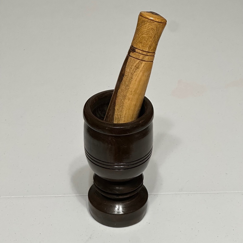 VTG Handcrafted Wooden Mortar & Pestle Set Dark Brown Rustic Kitchen Decor Large